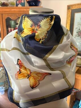 Vintage vibrant multi colored silk Butterfly print scarf